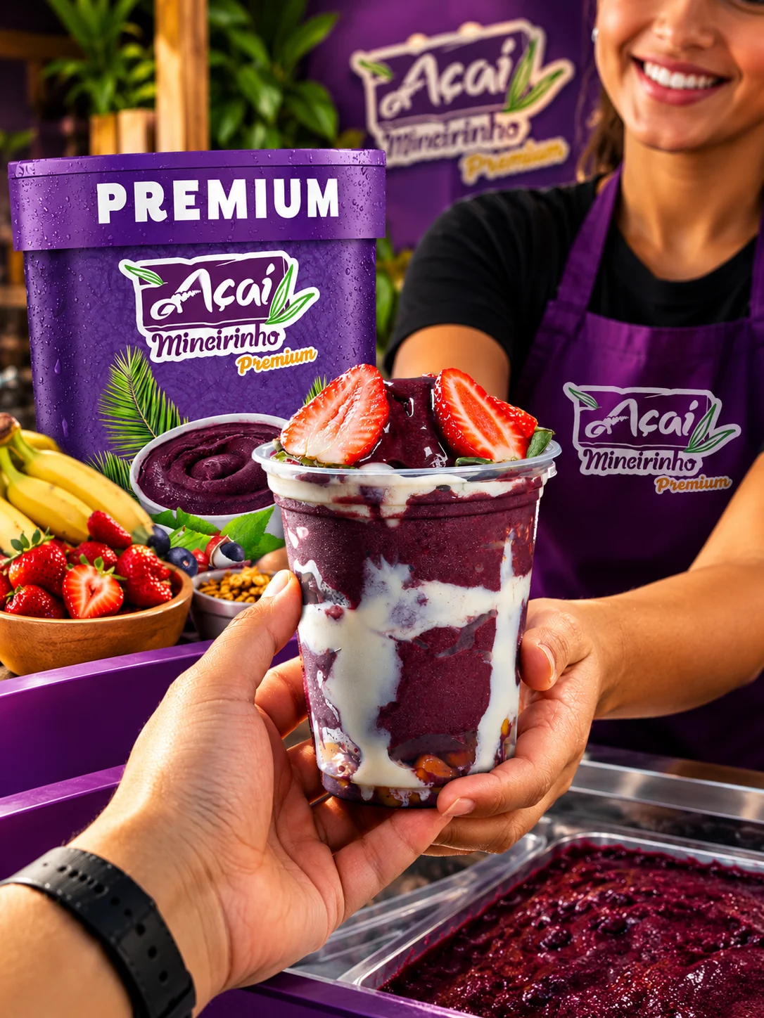 Atendente do Açaí Mineirinho entregando um copo de açaí no balcão